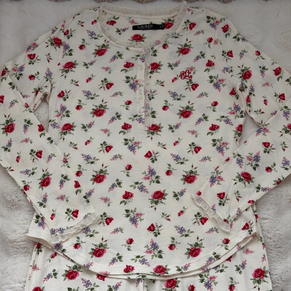 Lauren Ralph Lauren Cream Floral Rose Cotton Pajama Set-Romantic Sleepwear-S - Picture 3 of 16